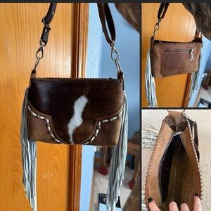 Elegant Brown and White Leather Crossbody Bag with Fringe